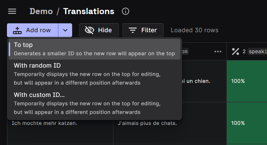 Screenshot of the three modes for adding a row