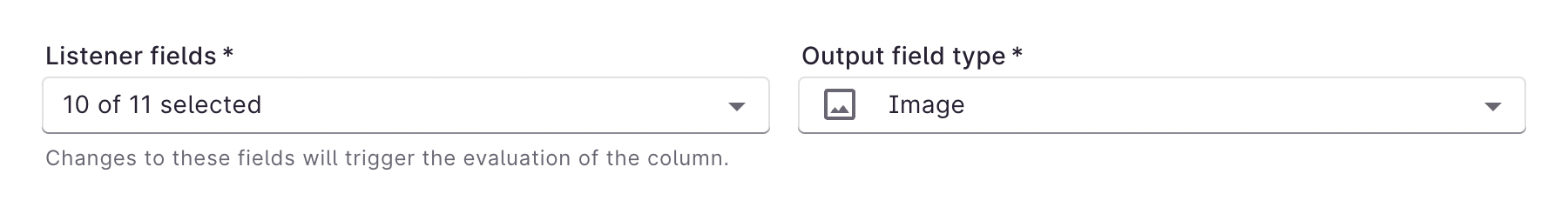Screenshot of Derivative column settings for Listener fields and Output field type