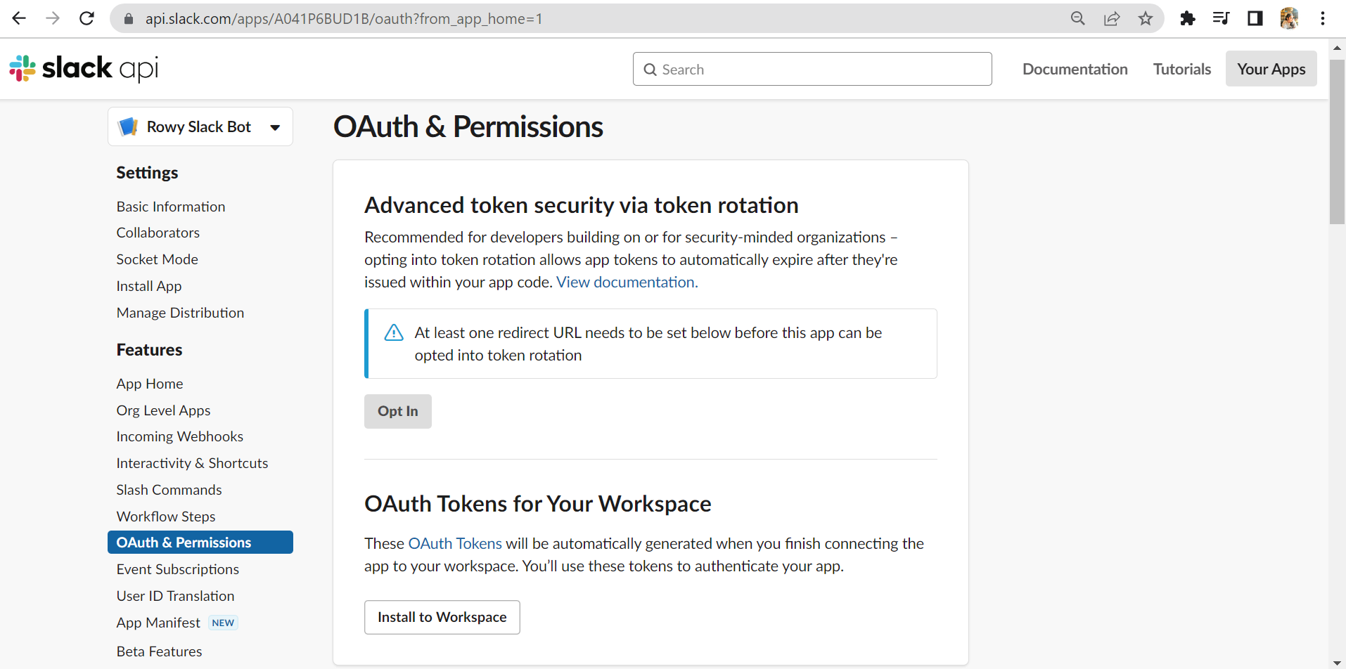 Installing the Bot to a Workspace.