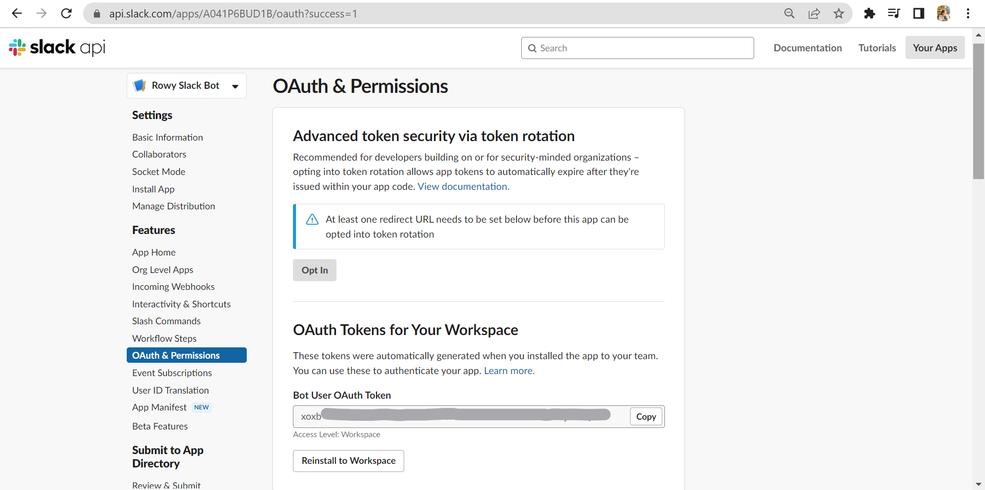 Extracting the Bot User OAuth Token.