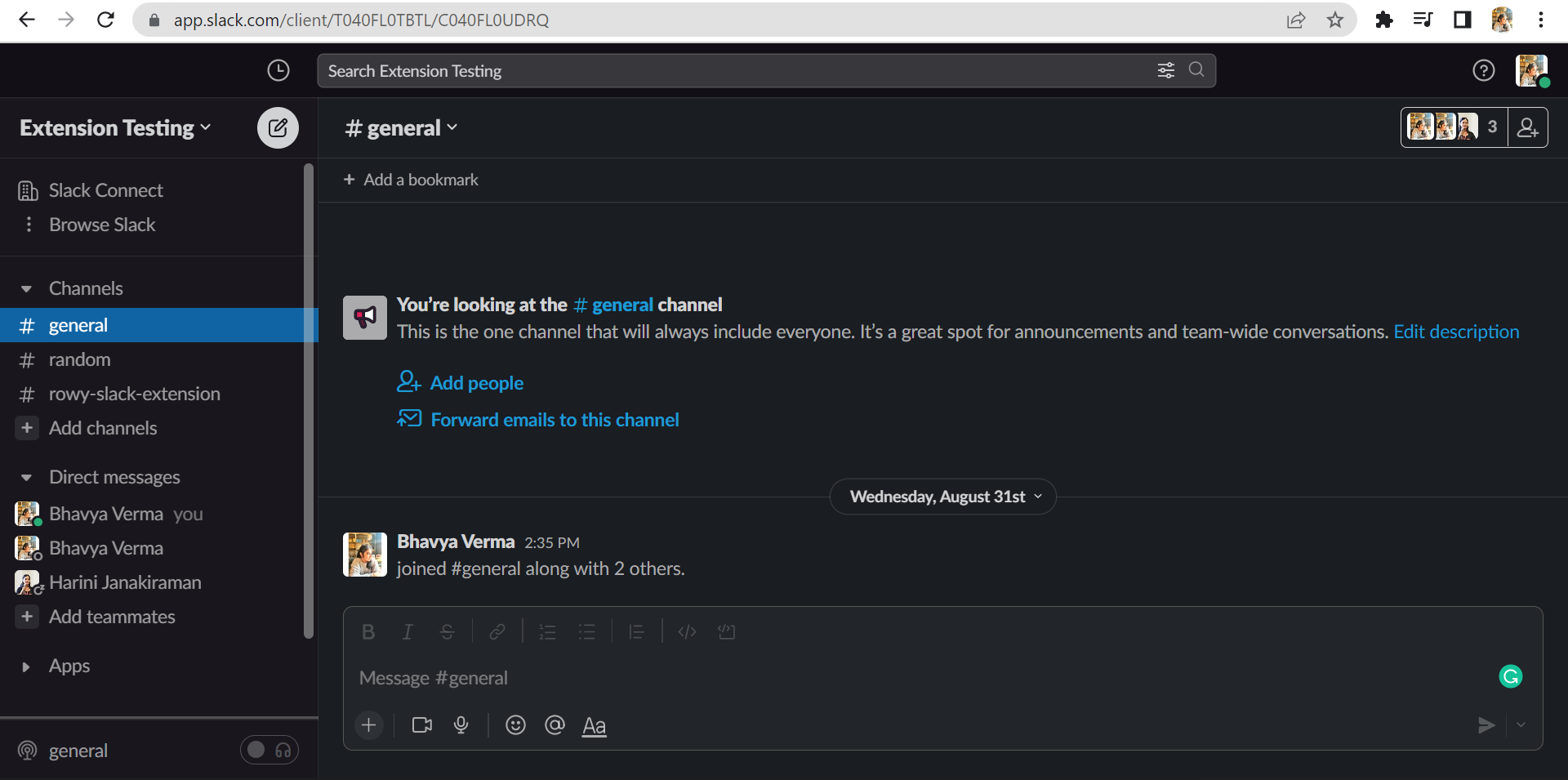 Image of a sample Slack Workspace created.