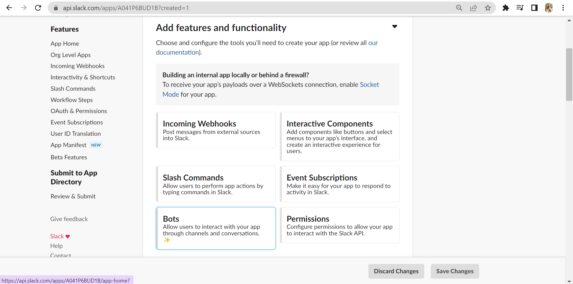 The Add features and functionality page on the Slack API website.
