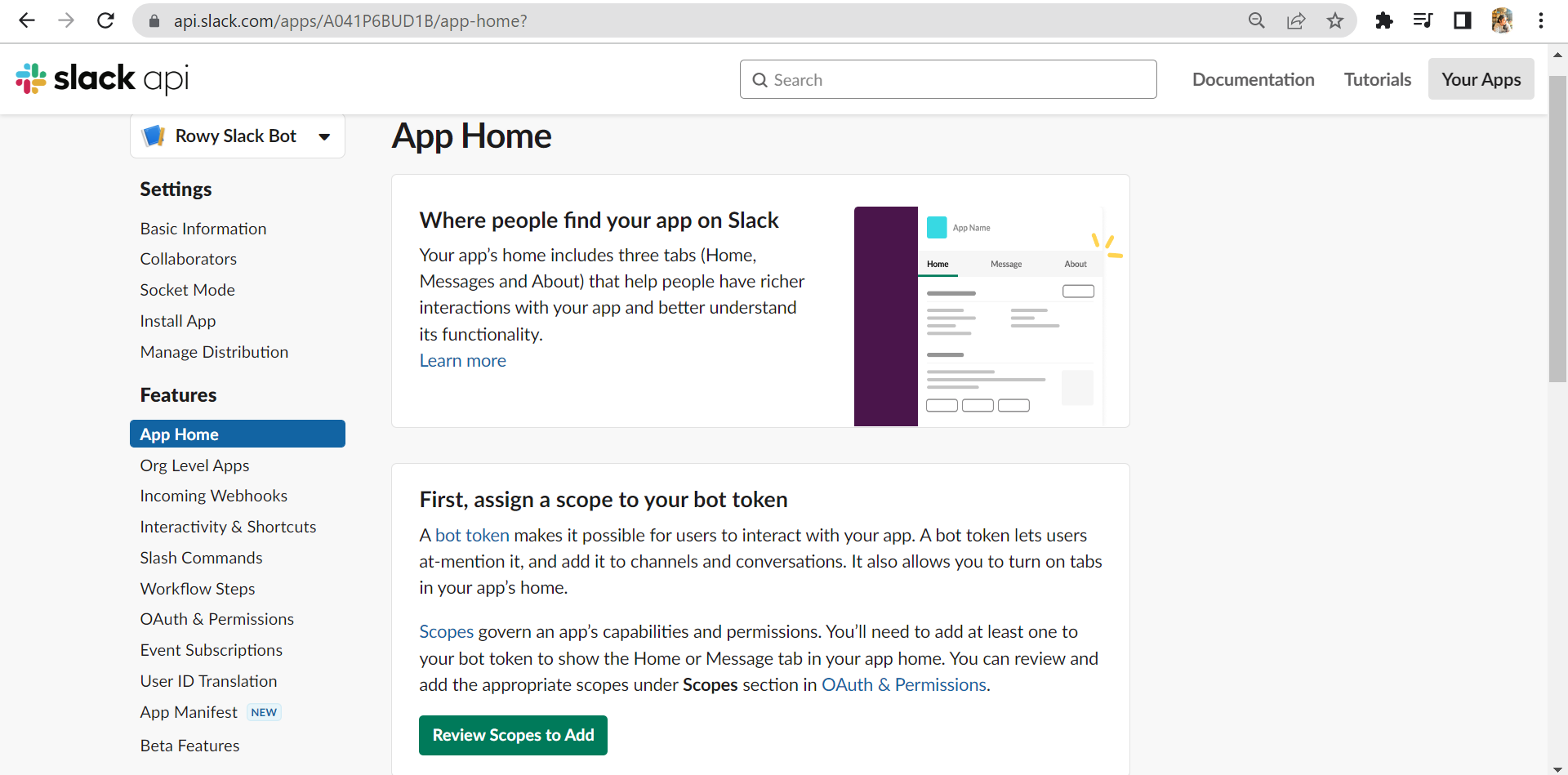 The Review Scopes to Add section on the Slack API Dashboard.