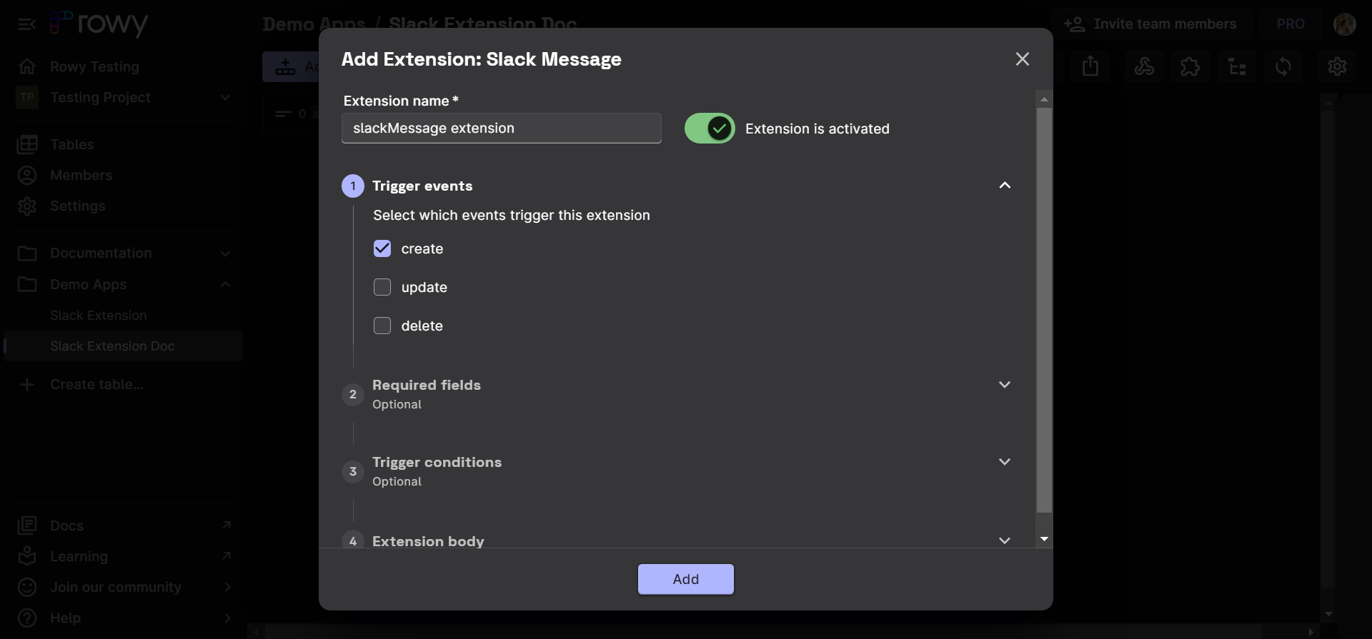 Slack Extension configuration.