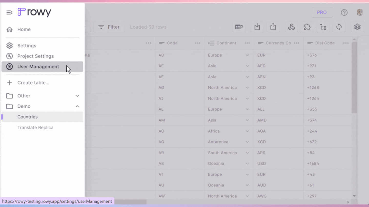 Screen recording going through the user management options